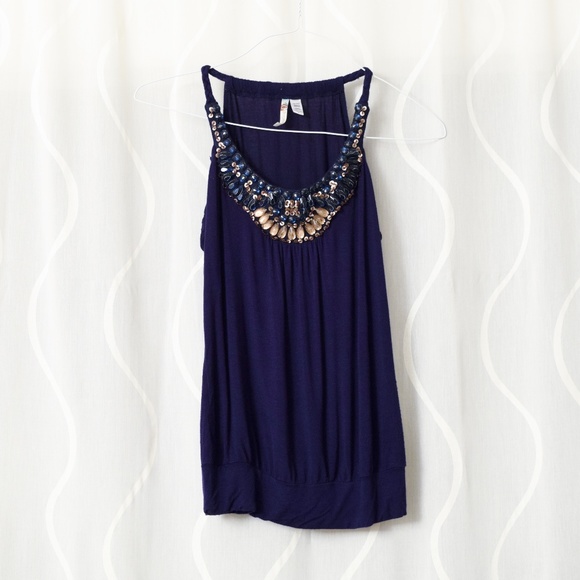 Tops - Navy Beaded Collar Scoop Neck Tank Top | Size S